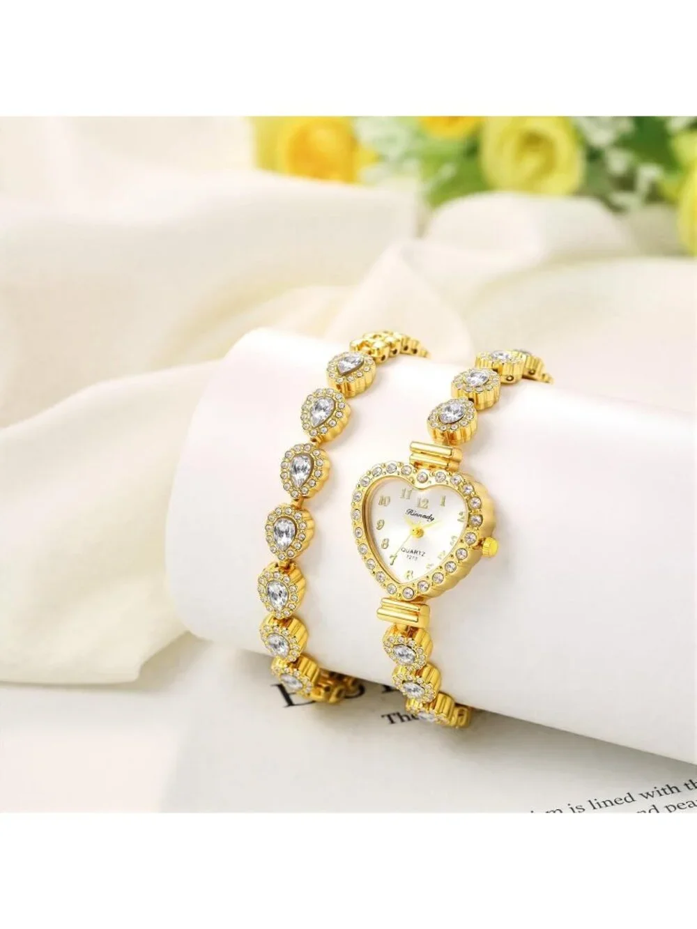 Women's White Heart Dial Bracelet Set Birthstone Crystal Quartz Display Watches